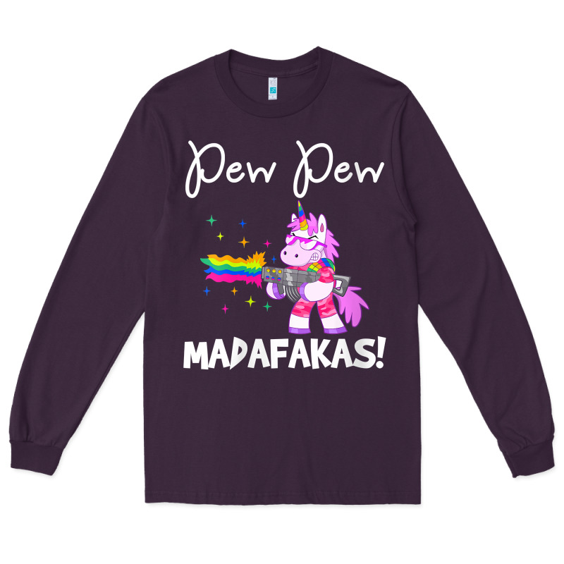 Womens Pew Madafakas Funny Fantasy Unicorn With Rainbow Gun   White V Long Sleeve Tee by linhVisuals | Teevron
