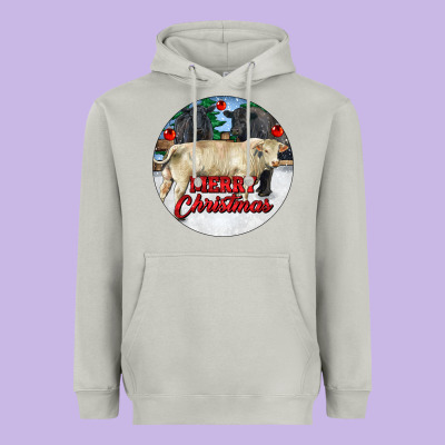 Merry Christmas Charolais Bull Heavyweight Hoodie Designed By Ranaportraitstore