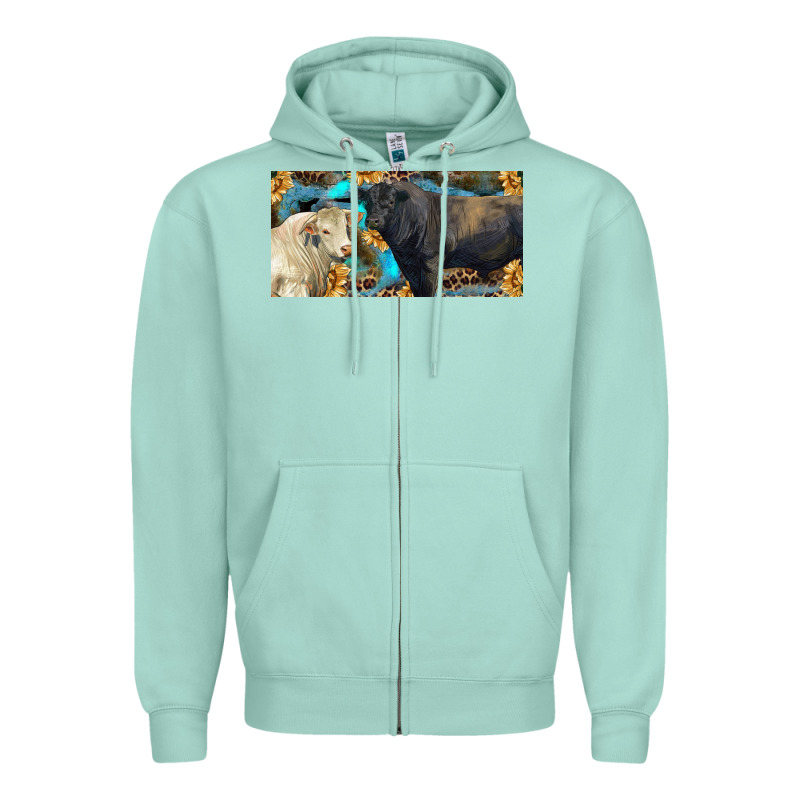 Charolais And Black Angus Bull With Sunflower And Leopard Zipper Hoodie by RanaPortraitStore | Teevron