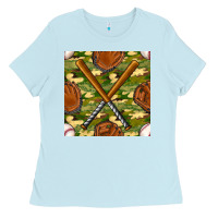 Baby Blue baseball bat and gloves with camouflage seamless pattern Ladies Tee - BundleAndBundleShop