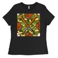 Baseball Bat And Gloves With Camouflage Seamless Pattern Ladies Tee | Teevron