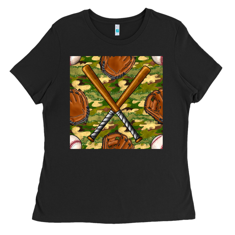 Baseball Bat And Gloves With Camouflage Seamless Pattern Ladies Tee by BundleAndBundleShop | Teevron