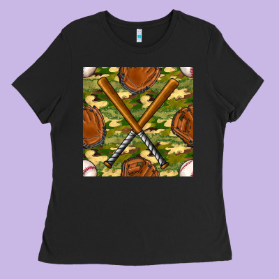 Baseball Bat And Gloves With Camouflage Seamless Pattern Ladies Tee Designed By Bundleandbundleshop