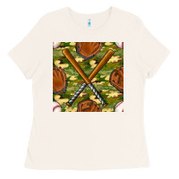 Bone baseball bat and gloves with camouflage seamless pattern Ladies Tee - BundleAndBundleShop
