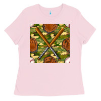 Bubblegum Pink baseball bat and gloves with camouflage seamless pattern Ladies Tee - BundleAndBundleShop
