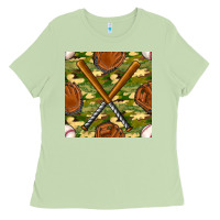Matcha baseball bat and gloves with camouflage seamless pattern Ladies Tee - BundleAndBundleShop