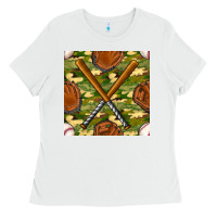 White baseball bat and gloves with camouflage seamless pattern Ladies Tee - BundleAndBundleShop