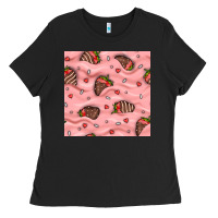 Black valentines day strawberries in cream seamless pattern Ladies Tee - BundleAndBundleShop