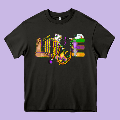 Love Nurse Mardi Gras Heavy Core Tee Designed By Oliviacreatesart