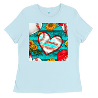 Baby Blue baseball hearts and sunflowers with turquoise gemstone seamless patter Ladies Tee - BundleAndBundleShop
