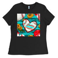 Black baseball hearts and sunflowers with turquoise gemstone seamless patter Ladies Tee - BundleAndBundleShop