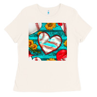 Bone baseball hearts and sunflowers with turquoise gemstone seamless patter Ladies Tee - BundleAndBundleShop