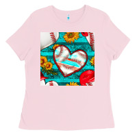 Baseball Hearts And Sunflowers With Turquoise Gemstone Seamless Patter Ladies Tee | Teevron