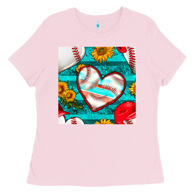 Baseball Hearts And Sunflowers With Turquoise Gemstone Seamless Patter Ladies Tee by BundleAndBundleShop | Teevron