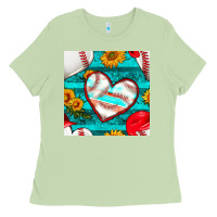 Matcha baseball hearts and sunflowers with turquoise gemstone seamless patter Ladies Tee - BundleAndBundleShop