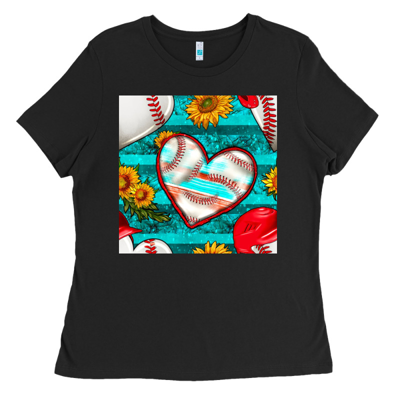 Baseball Hearts And Sunflowers With Turquoise Gemstone Seamless Patter Ladies Tee by BundleAndBundleShop | Teevron