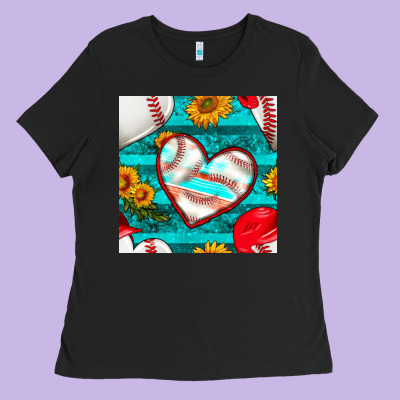 Baseball Hearts And Sunflowers With Turquoise Gemstone Seamless Patter Ladies Tee Designed By Bundleandbundleshop