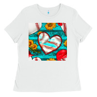 White baseball hearts and sunflowers with turquoise gemstone seamless patter Ladies Tee - BundleAndBundleShop