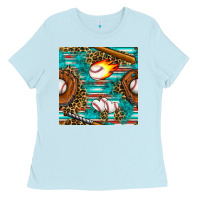 Baby Blue baseball glove and bat with serape seamless pattern Ladies Tee - BundleAndBundleShop