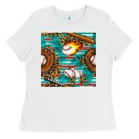 White baseball glove and bat with serape seamless pattern Ladies Tee - BundleAndBundleShop