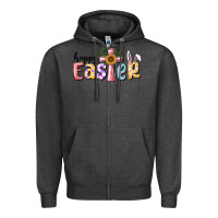 Charcoal Heather Happy Easter With Cross Zipper Hoodie - RanaPortraitStore