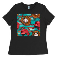 Black baseball helmet and glove with serape seamless pattern Ladies Tee - BundleAndBundleShop