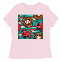 Bubblegum Pink baseball helmet and glove with serape seamless pattern Ladies Tee - BundleAndBundleShop