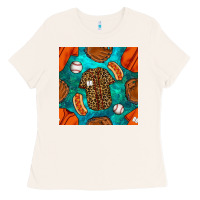 Bone baseball leopard uniform and hotdog with gemstone seamless pattern Ladies Tee - BundleAndBundleShop