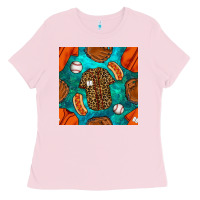 Bubblegum Pink baseball leopard uniform and hotdog with gemstone seamless pattern Ladies Tee - BundleAndBundleShop