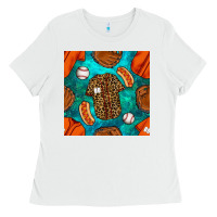 White baseball leopard uniform and hotdog with gemstone seamless pattern Ladies Tee - BundleAndBundleShop