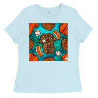 Baby Blue baseball leopard uniform and hotdog with gemstone seamless pattern Ladies Tee - BundleAndBundleShop