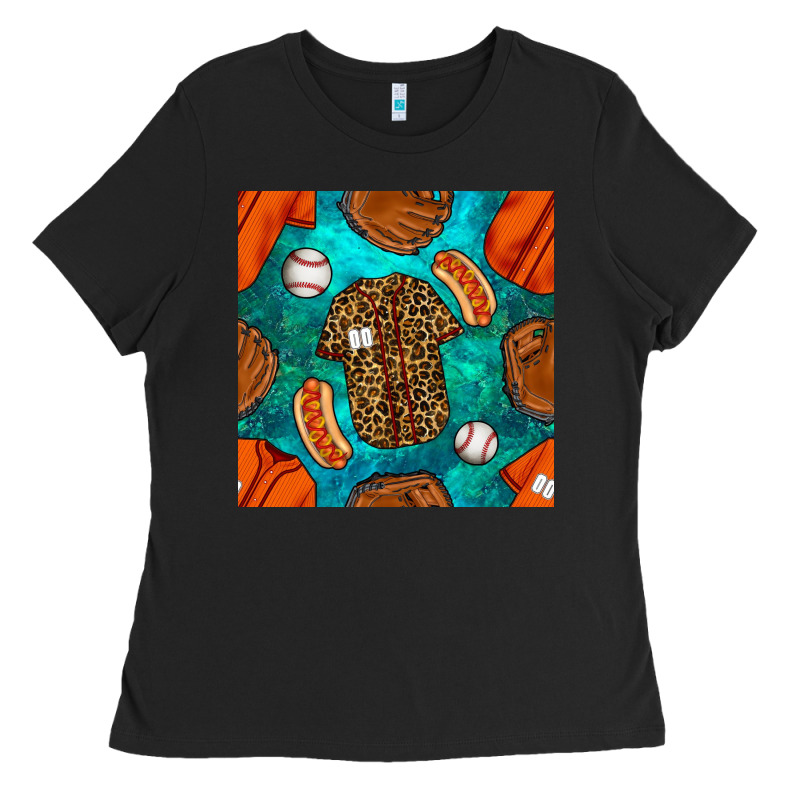 Baseball Leopard Uniform And Hotdog With Gemstone Seamless Pattern Ladies Tee by BundleAndBundleShop | Teevron