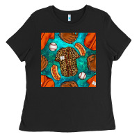 Black baseball leopard uniform and hotdog with gemstone seamless pattern Ladies Tee - BundleAndBundleShop