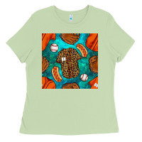 Matcha baseball leopard uniform and hotdog with gemstone seamless pattern Ladies Tee - BundleAndBundleShop