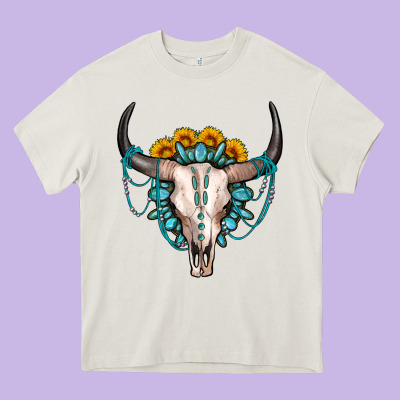 Sunflower Gemstone Bull Skull Heavy Core Tee Designed By Oliviacreatesart