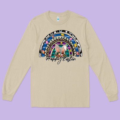 Happy Easter Rainbow Long Sleeve Tee Designed By Cowhidedigitalart
