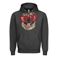 Charcoal Heather Pug with love glasses Zipper Hoodie - RanaPortraitStore