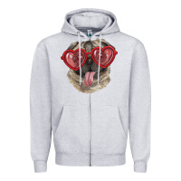 Heather Grey Pug with love glasses Zipper Hoodie - RanaPortraitStore