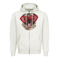 Oatmeal Heather Pug with love glasses Zipper Hoodie - RanaPortraitStore