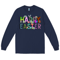 Navy Happy Easter Long Sleeve Tee - CowhideDigitalArt