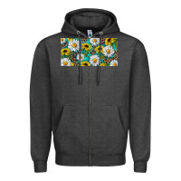 Charcoal Heather Sunflower And Daisy With Leopard Zipper Hoodie - RanaPortraitStore
