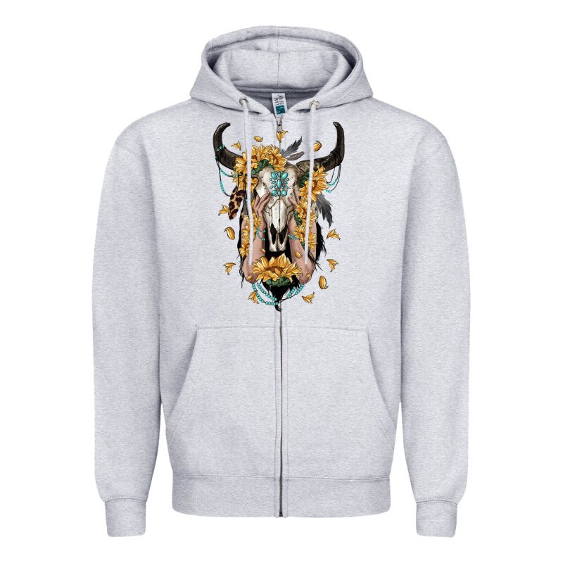 Sunflower Boho Bull Skull With Hands Zipper Hoodie by RanaPortraitStore | Teevron
