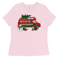 Bubblegum Pink christmas santa claus with retro van Ladies Tee - BundleAndBundleShop