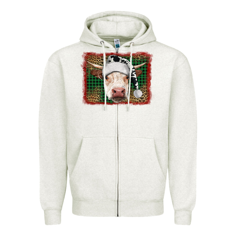 Merry Christmas Hereford Cow With Background Zipper Hoodie by RanaPortraitStore | Teevron
