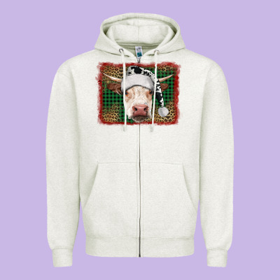 Merry Christmas Hereford Cow With Background Zipper Hoodie Designed By Ranaportraitstore