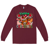 Burgundy Happy Christmas Cow Long Sleeve Tee - CowhideDigitalArt