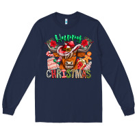 Navy Happy Christmas Cow Long Sleeve Tee - CowhideDigitalArt
