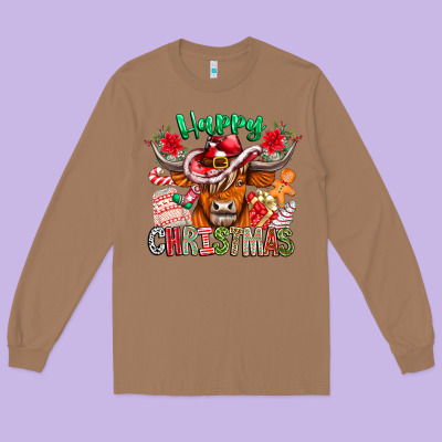 Happy Christmas Cow Long Sleeve Tee Designed By Cowhidedigitalart