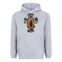Heather Grey Our Lady Of Guadalupe Cross Heavyweight Hoodie - RanaPortraitStore