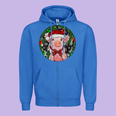 Sitting Pig Christmas Zipper Hoodie Designed By Ranaportraitstore